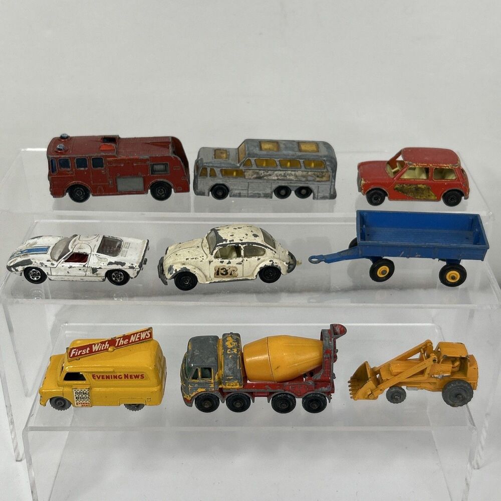 Vtg Matchbox Series Lot VW Bug Foden Concrete Mixer Fire Truck Trailer Excavator